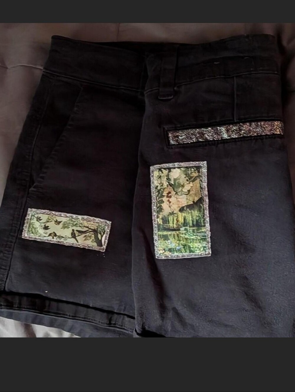 American Eagle Outfitters Black Low Rise Shorts with Green Scenic Patches